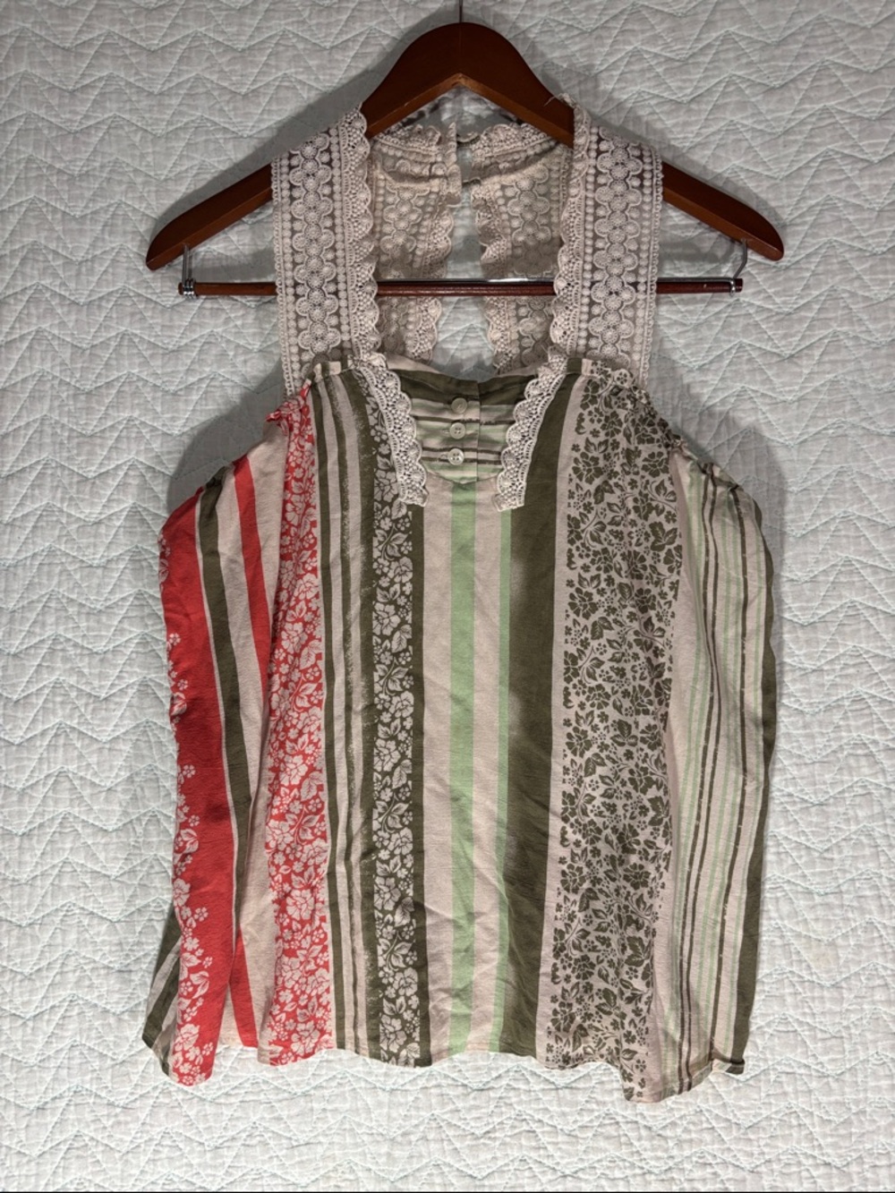 CAbi Lace-Back Striped & Floral Camisole in Cream, Olive & Coral